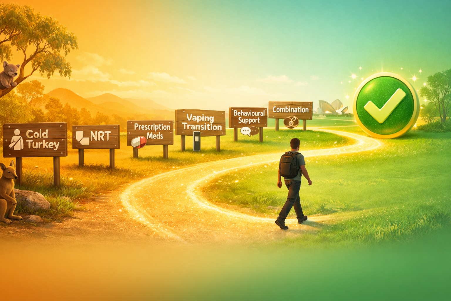 Quit methods banner showing a pathway with multiple signposts labeled 'Cold Turkey', 'NRT', 'Prescription Meds', 'Vaping Transition', 'Behavioural Support', and 'Combination'. A person walking forward with a checkmark destination.