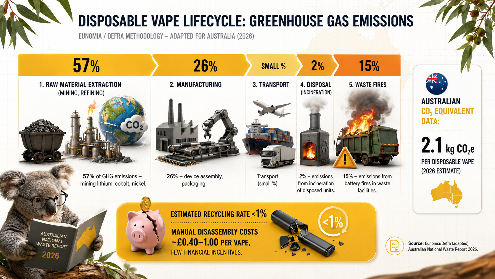 Lifecycle graphic: raw material extraction (57% emissions), manufacturing (26%), waste fires (15%), recycling <1%.