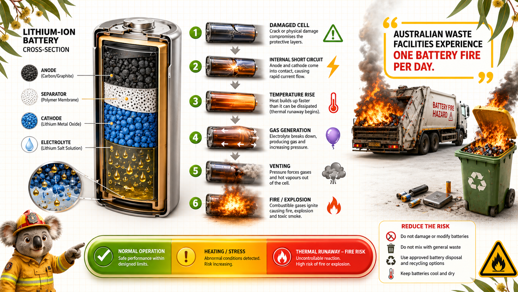 Cross‑section diagram showing a lithium‑ion battery’s internal layers (anode, separator, cathode). Arrows indicate heat buildup → gas expansion → cell rupture → fire spread. Key stages: damage → short circuit → thermal runaway → off‑gassing → ignition.