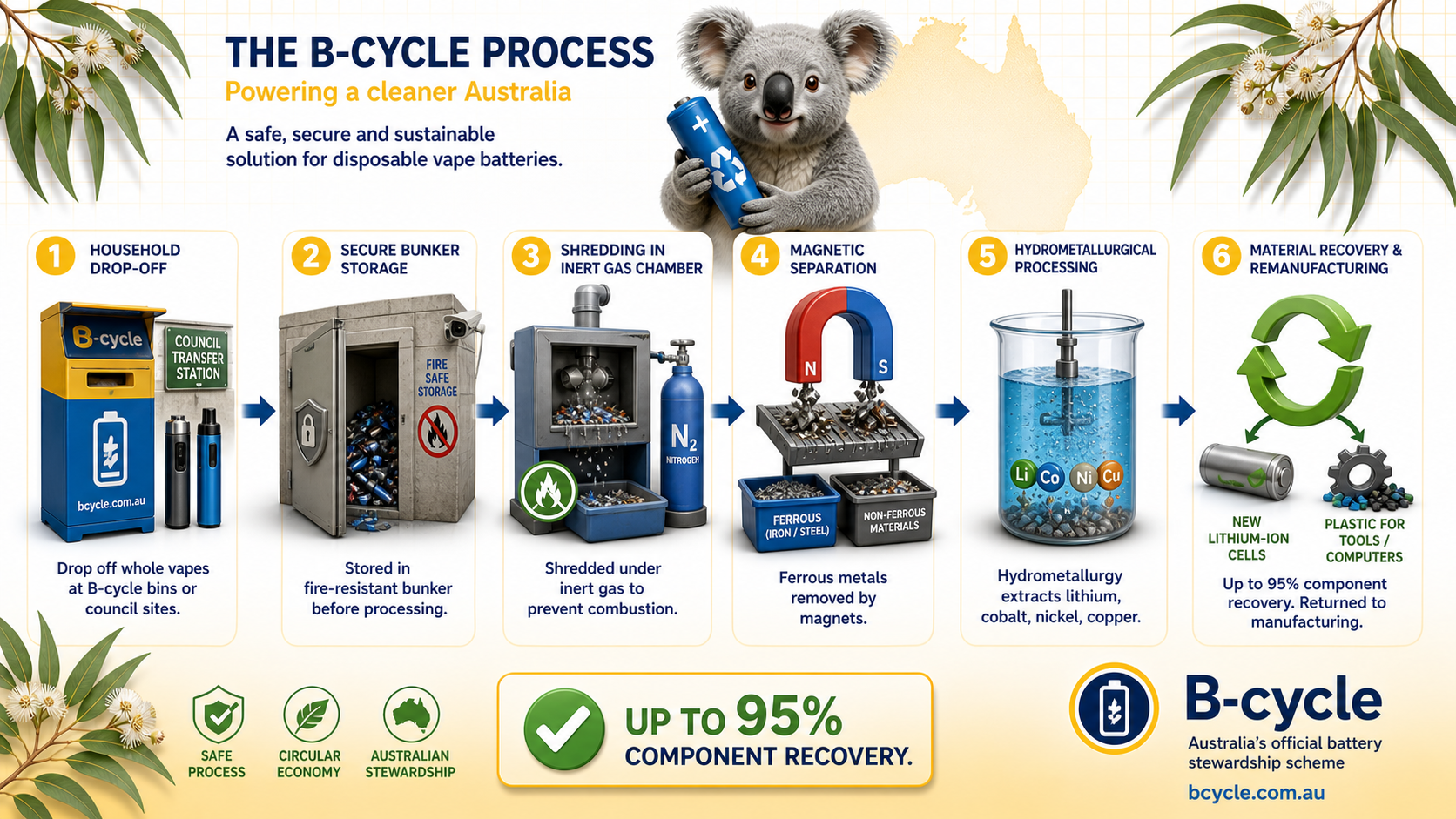 Infographic referencing the AMA's 'triple threat' concept: plastic waste (non‑degradable shell), electronic waste (lithium battery, circuit board) and hazardous waste (nicotine, heavy metals). Statistics show thousands of tonnes of battery waste ending up in landfill or incinerators annually.