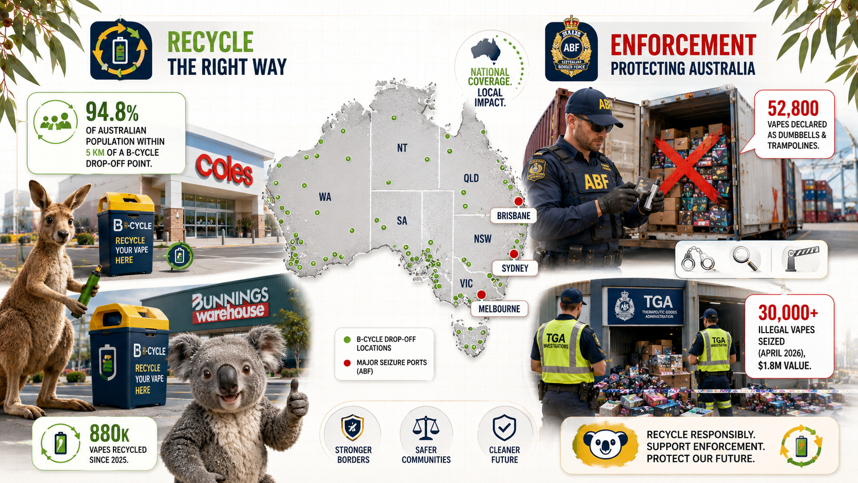 Infographic: ABF container inspection, 52,800 vapes misdeclared as sports equipment; TGA 2026 priorities; B‑Cycle bins.