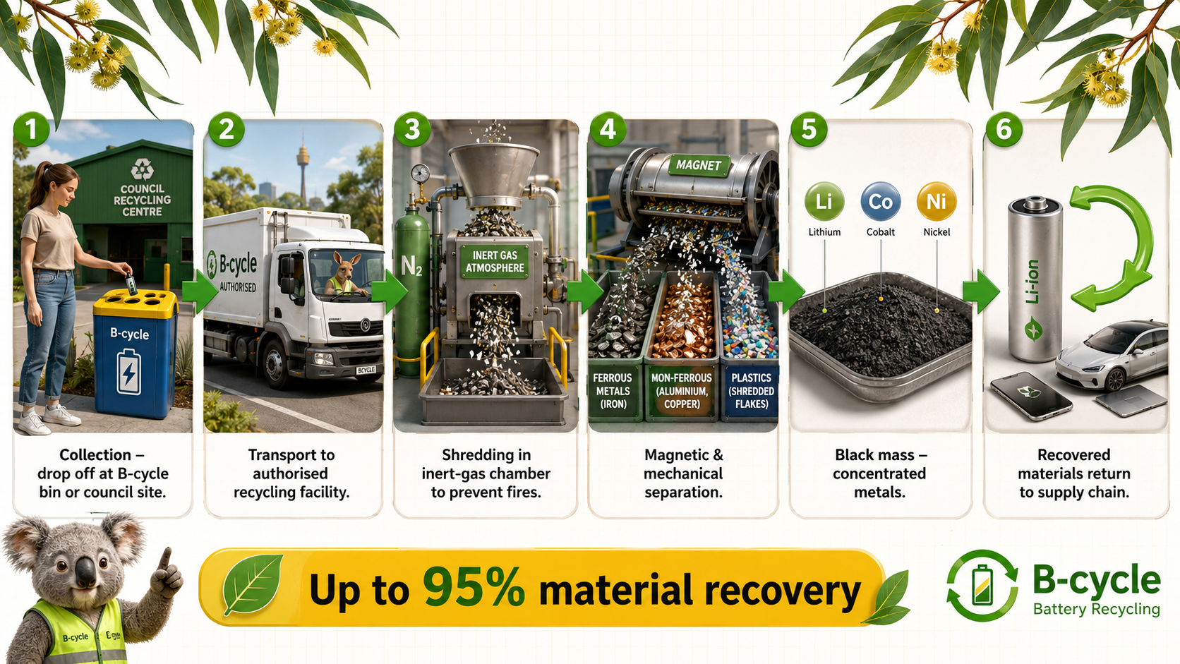 Step‑by‑step process: 1. Drop‑off at B‑cycle bin / council CRC; 2. Sorting; 3. Shredding in inert gas; 4. Mechanical separation; 5. Material recovery (lithium, cobalt, nickel); 6. New battery manufacturing. Callout: up to 95 % recovery rate.