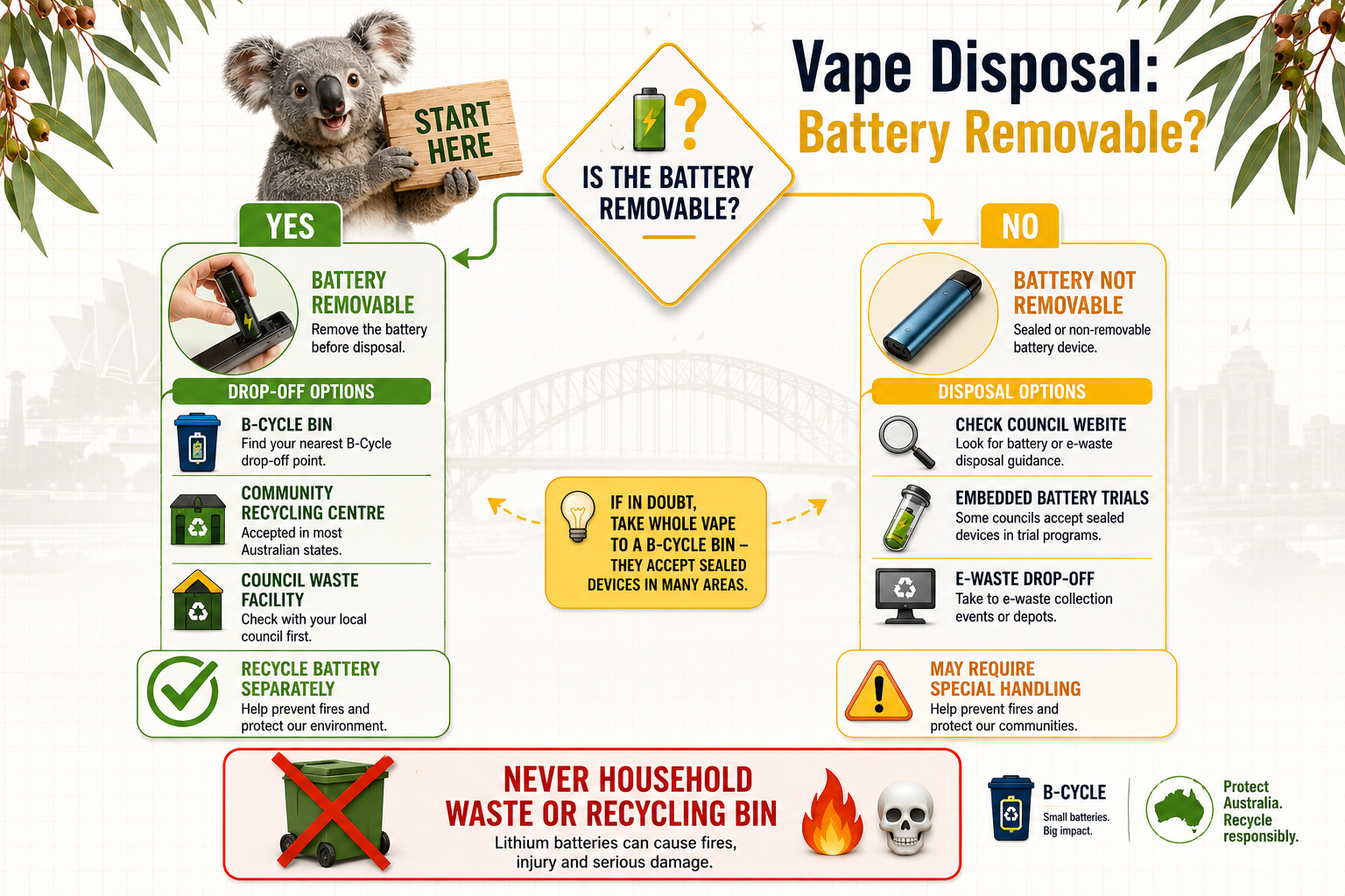 Flowchart: removable battery? → Yes: remove → B‑Cycle. No: sealed device → council facility. Final: never kerbside bins.