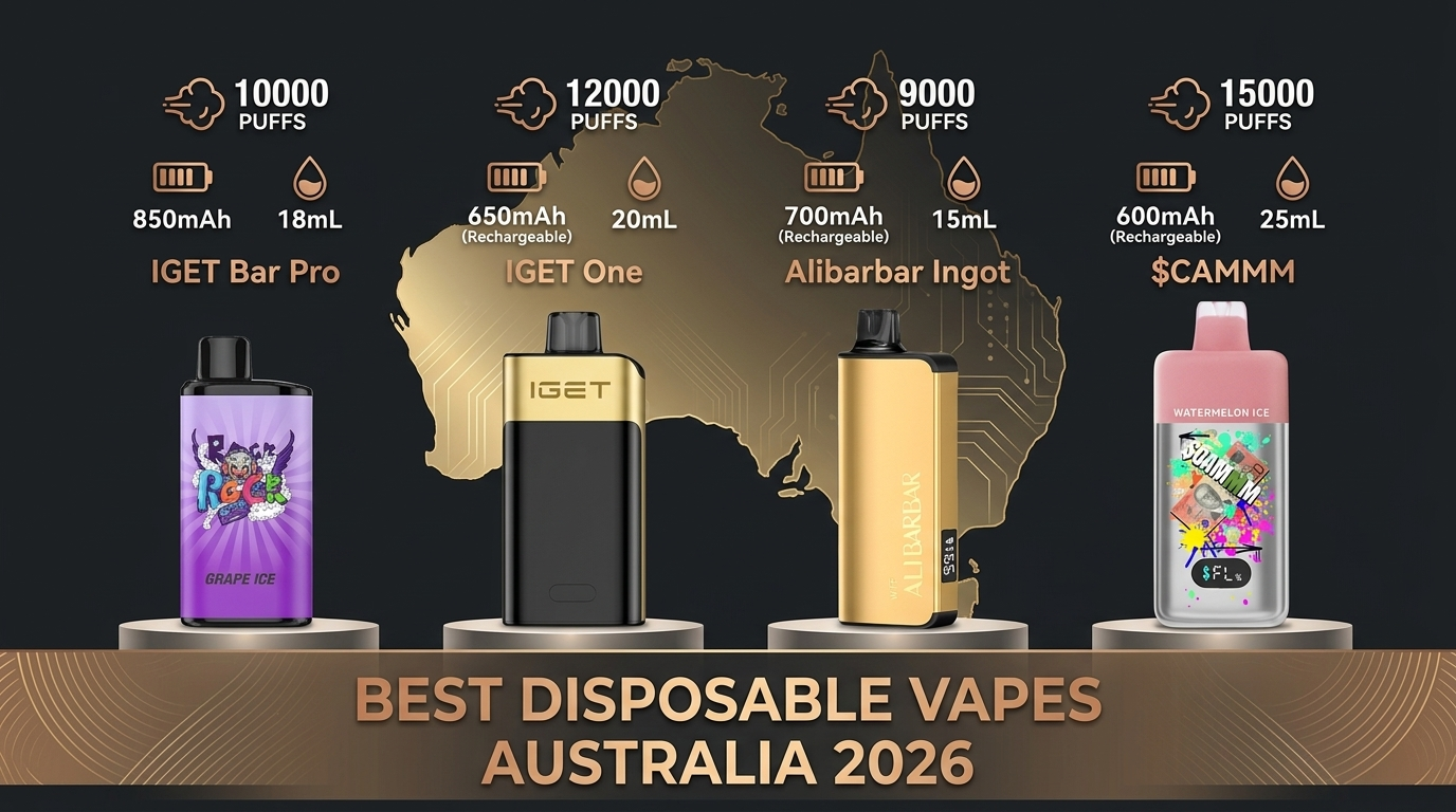 Banner for best disposable vapes Australia 2026 comparison featuring IGET Bar Pro 10000 IGET One 12000 Alibarbar Ingot 9000 and SCAMMM 15000