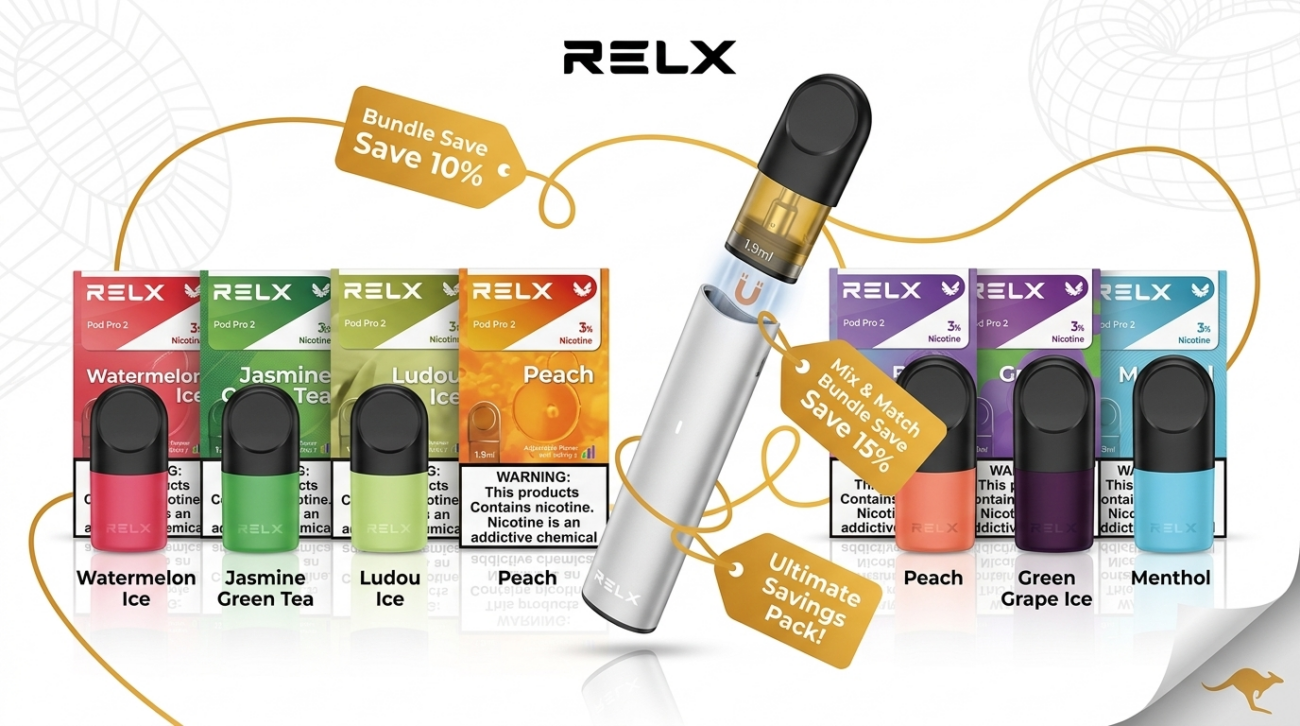 Banner for best RELX pods Australia guide showing flavour spectrum and bundle deals for RELX pods Australia shoppers