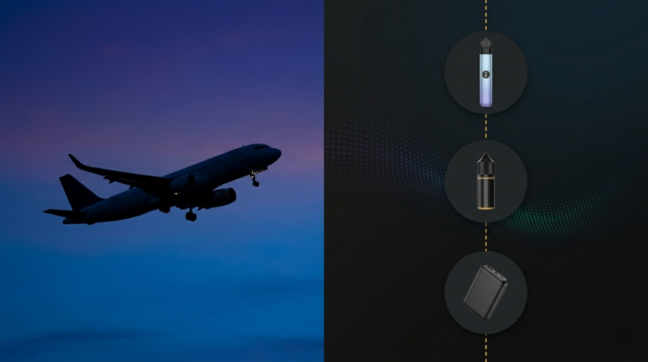 Banner for can I take vapes on a plane Australia 2026 showing aircraft silhouette and vape product placement areas