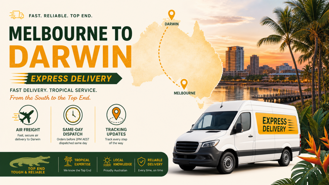 Banner showing Darwin vape delivery express air freight shipping from Melbourne with map route and delivery icons for fast Darwin vape delivery