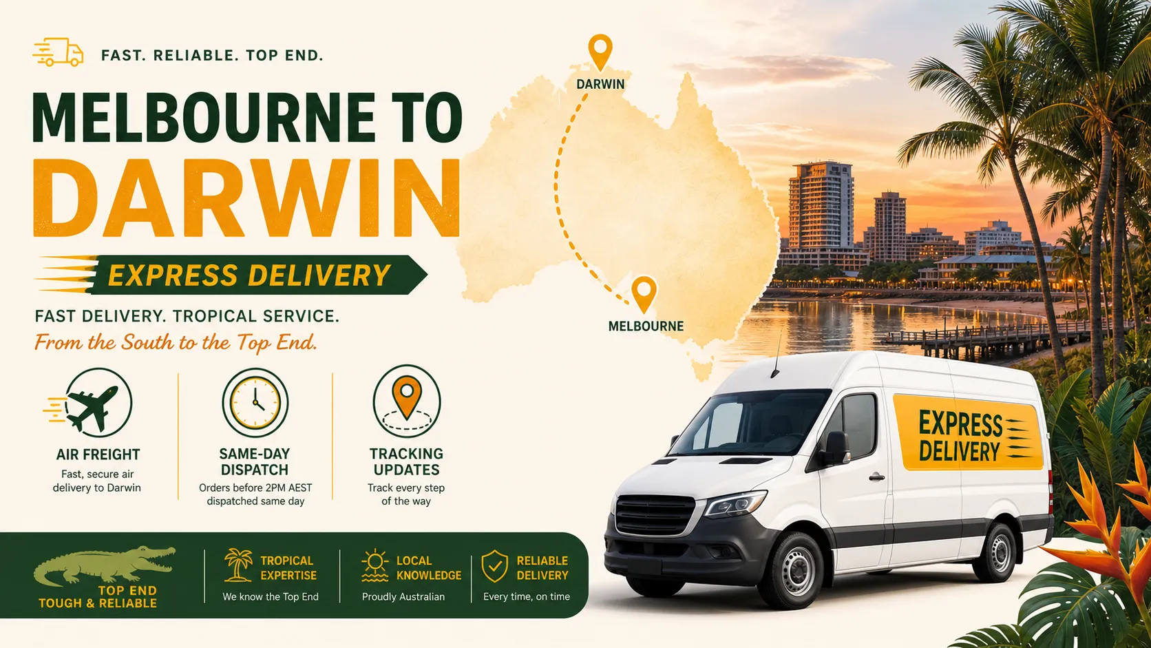 Banner showing Darwin vape delivery express air freight shipping from Melbourne with map route and delivery icons for fast Darwin vape delivery