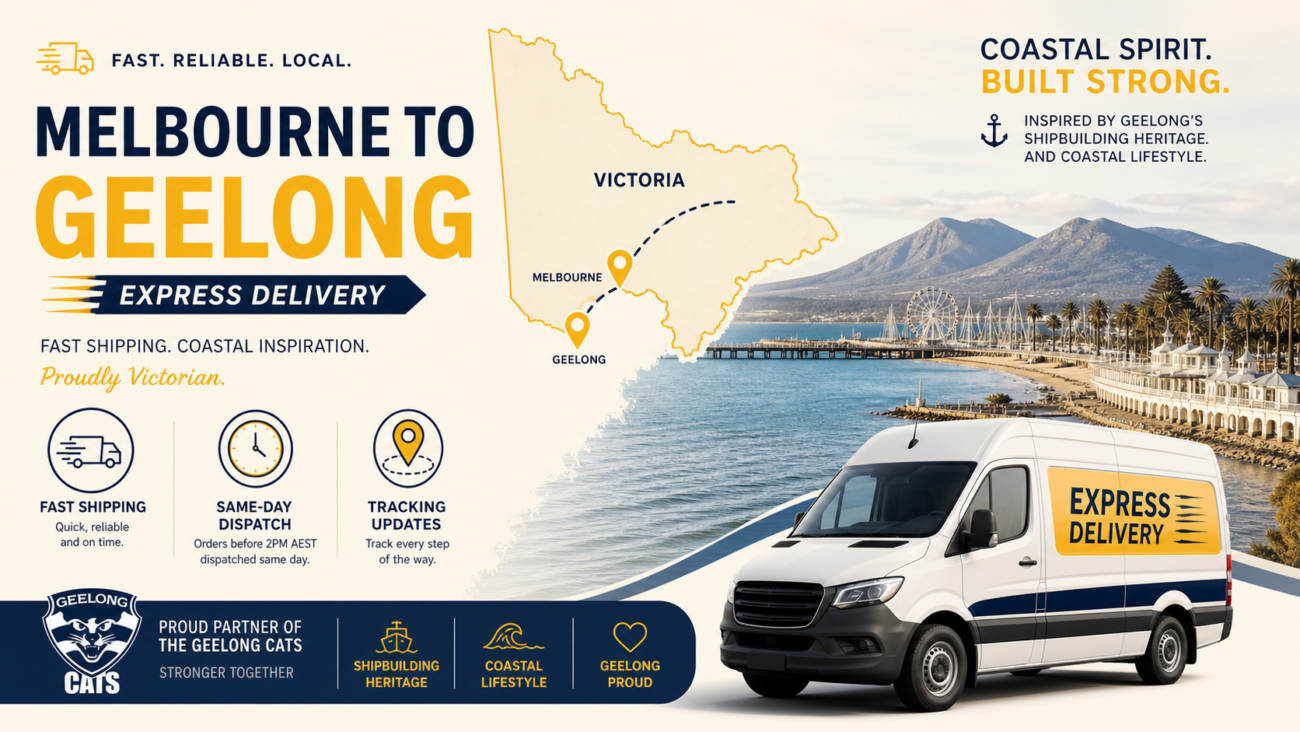 Banner showing Geelong vape delivery express shipping from Melbourne with map route and delivery icons for fast Geelong vape delivery