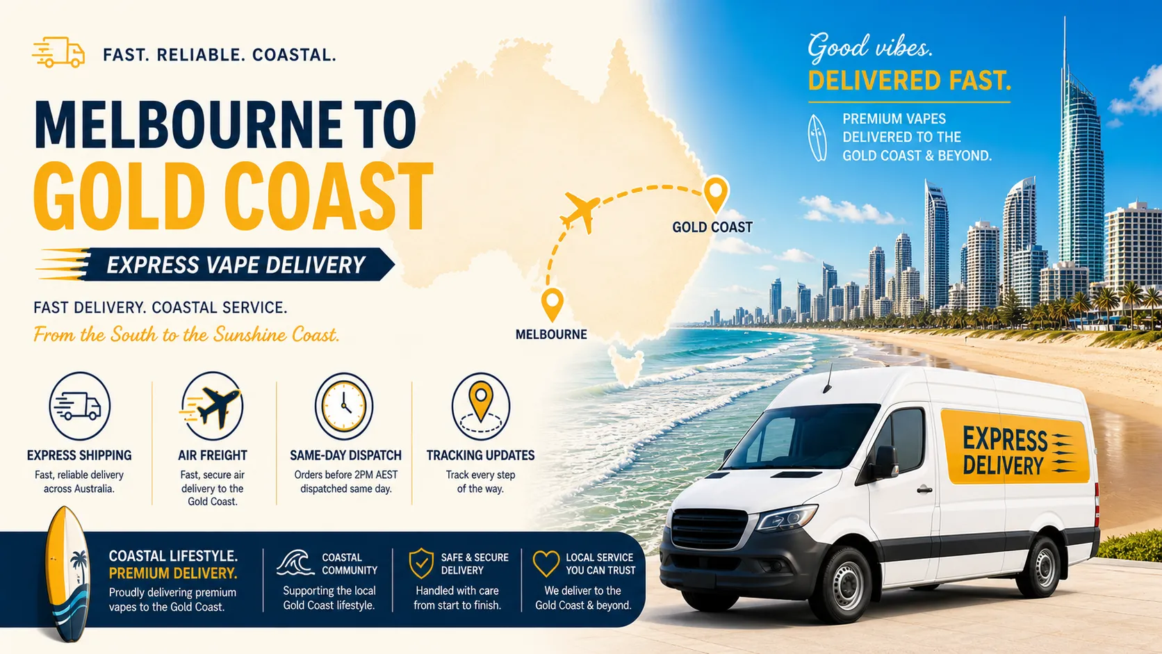 Banner showing Gold Coast vape delivery express shipping from Melbourne with beach skyline and delivery icons for fast Gold Coast vape delivery