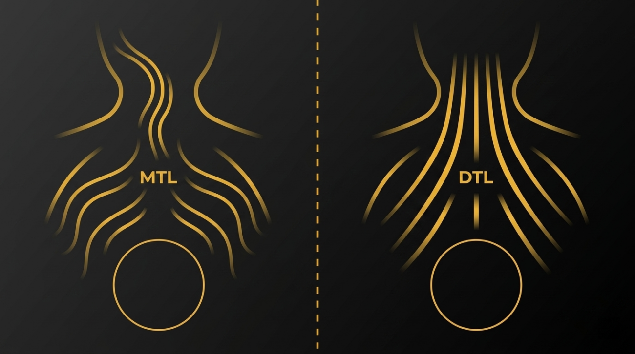 Educational banner for MTL vs DTL airflow mechanics showing mouth-to-lung and direct-to-lung vaping styles