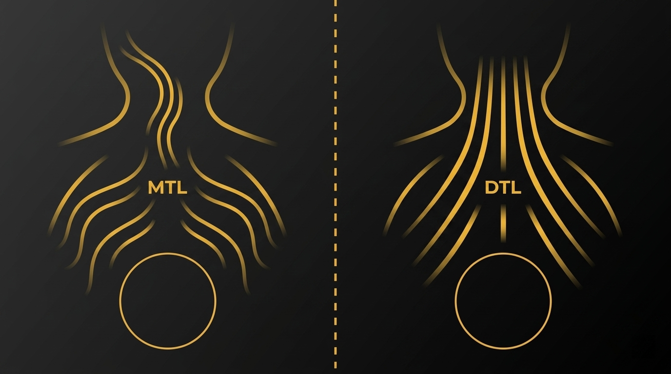 Educational banner for MTL vs DTL airflow mechanics showing mouth-to-lung and direct-to-lung vaping styles