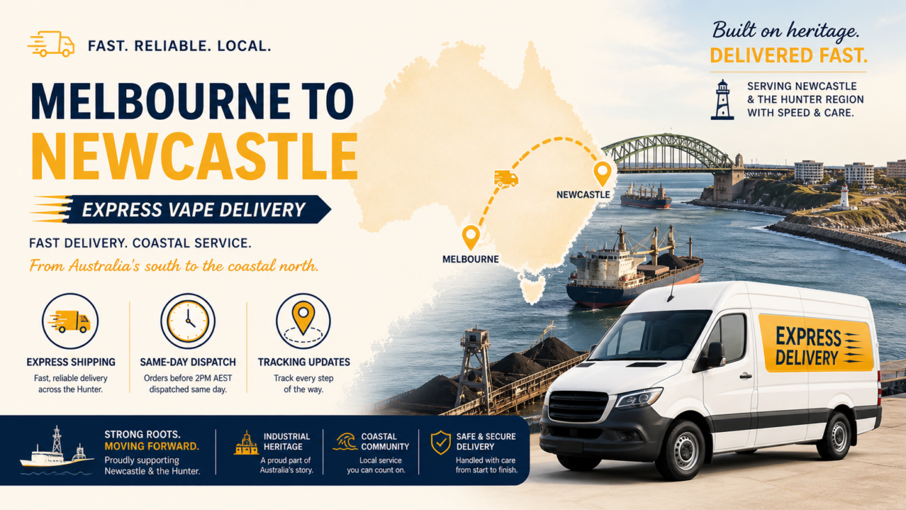 Banner showing Newcastle vape delivery express shipping from Melbourne with harbour backdrop and delivery icons for fast Newcastle vape delivery