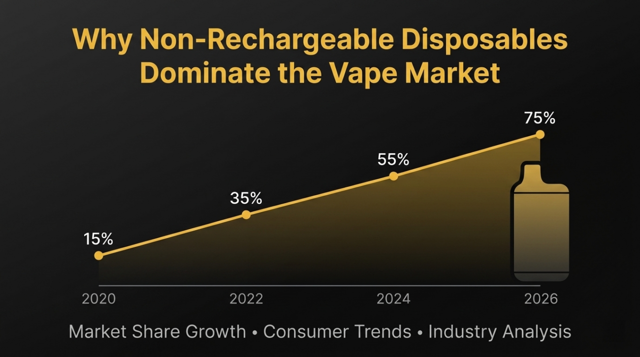Market dominance banner for non-rechargeable disposables with headline and growth chart showing market share increase from 15 percent in 2020 to 75 percent in 2026