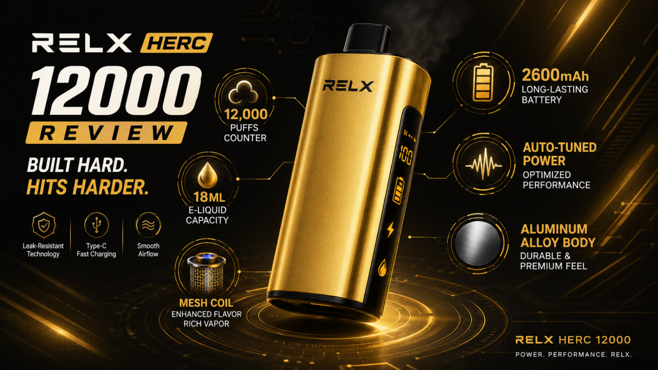 Banner for RELX HERC 12000 review showing device with smart display and key specifications for RELX HERC 12000 review