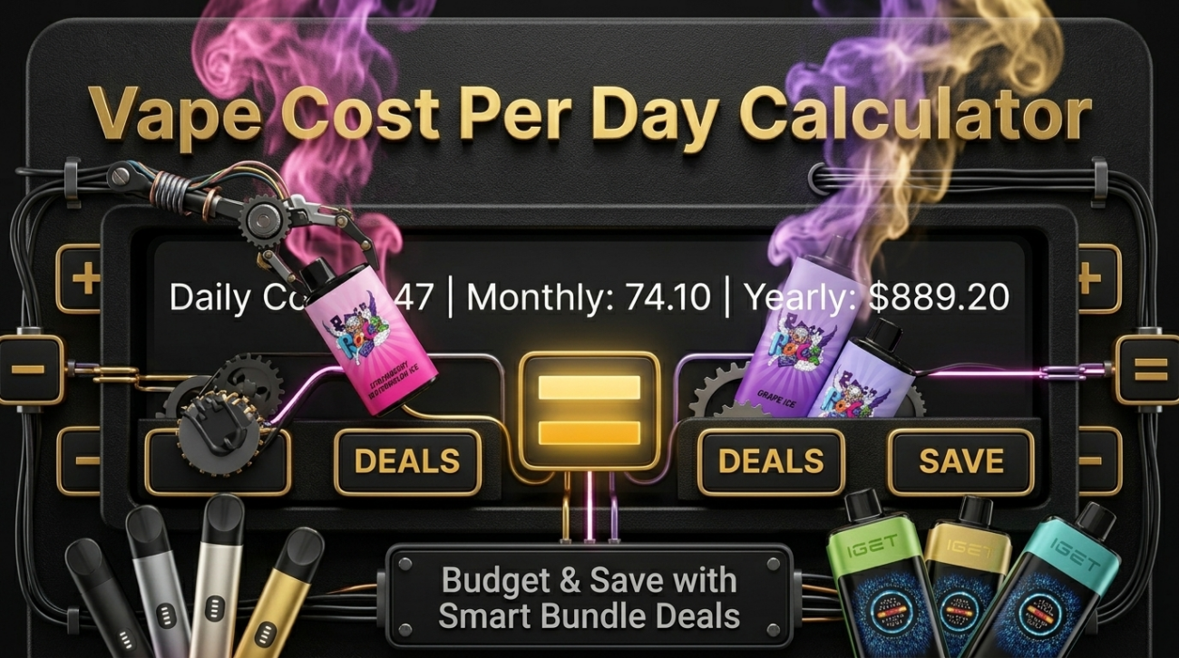 Banner for vape cost per day calculator showing daily monthly and yearly cost calculation example with gold accent design