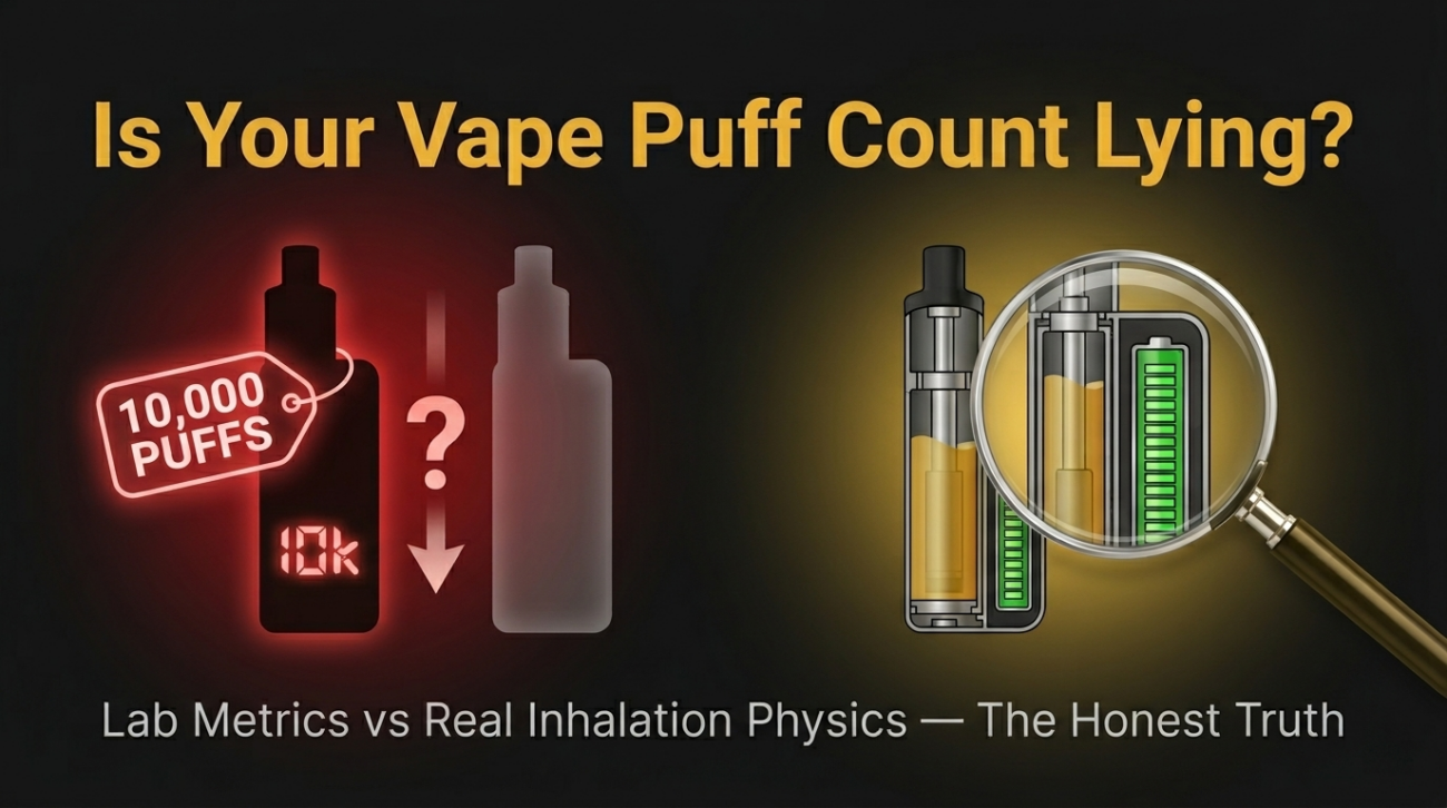 Truth-revealing banner for vape puff count reality check showing lab claims vs real world usage with magnifying glass investigation theme