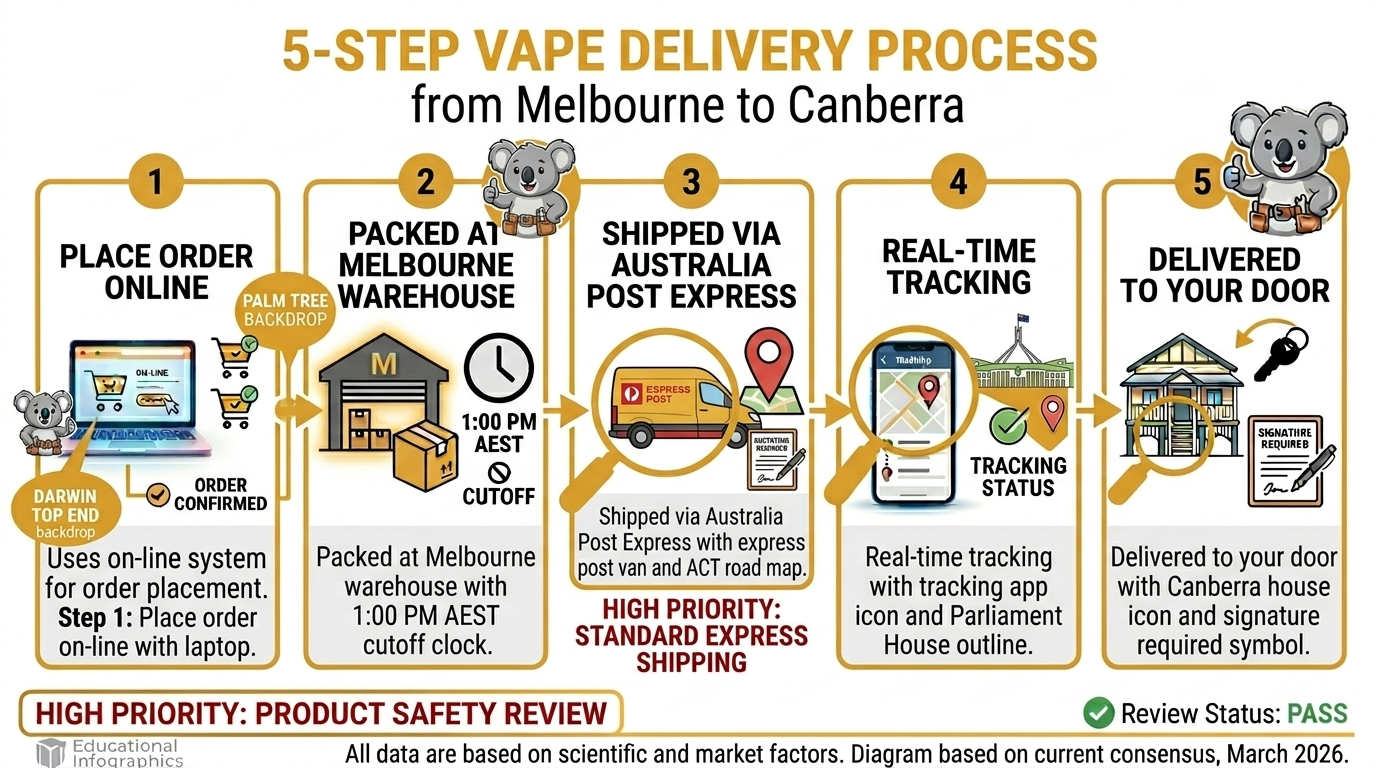 Five-step delivery process for Canberra vape delivery from Melbourne warehouse to customer door with tracking and signature