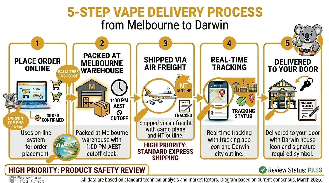 Five-step air freight delivery process for Darwin vape delivery from Melbourne warehouse to customer door with tracking and signature