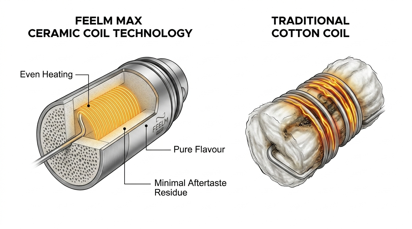 FEELM MAX ceramic coil technology diagram for RELX MagicGo 4000 review showing even heating and pure flavour delivery