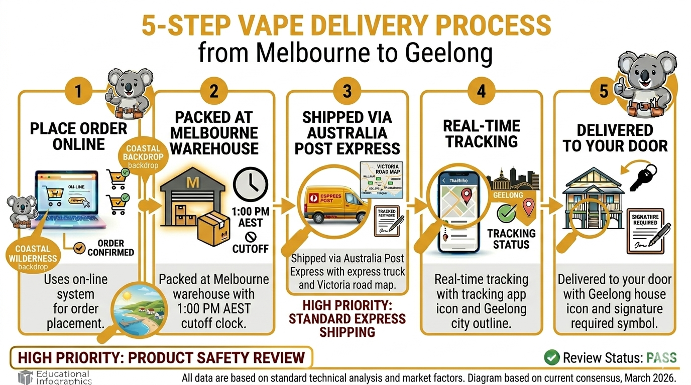 Five-step delivery process for Geelong vape delivery from Melbourne warehouse to customer door with tracking and signature