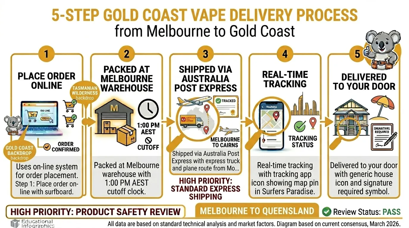 Five-step delivery process for Gold Coast vape delivery from Melbourne warehouse to customer door with tracking and signature