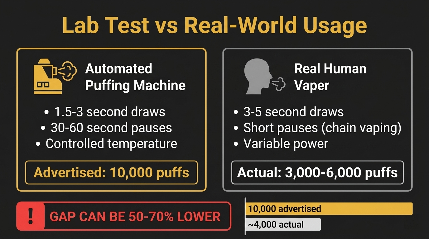 Lab test vs real world puff count comparison showing advertised 10000 puffs vs actual 3000 to 6000 puffs with 50 to 70 percent gap