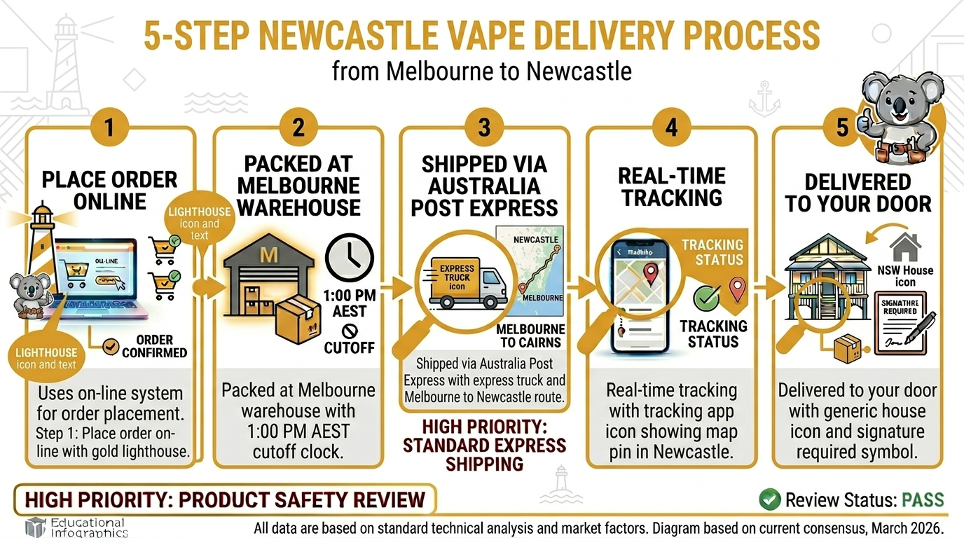 Five-step delivery process for Newcastle vape delivery from Melbourne warehouse to customer door with tracking and signature