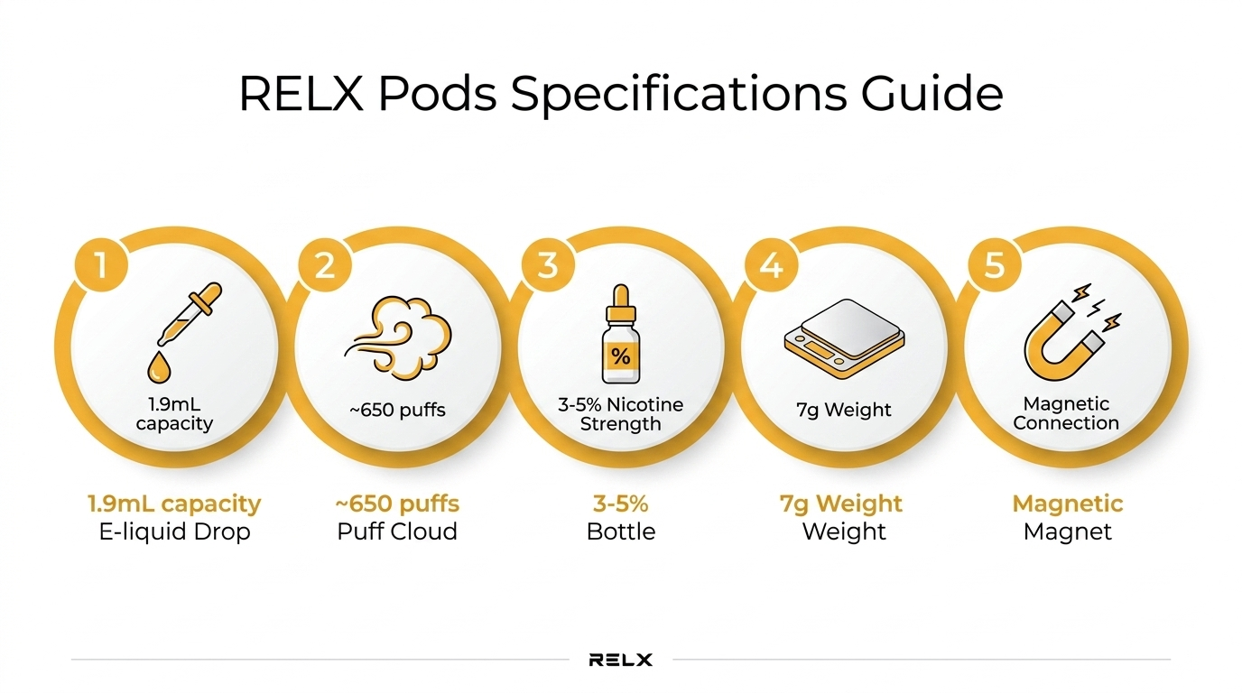RELX pods specifications infographic showing 1.9mL capacity, ~650 puffs, 3%-5% nicotine strength, and compatibility for best RELX pods Australia