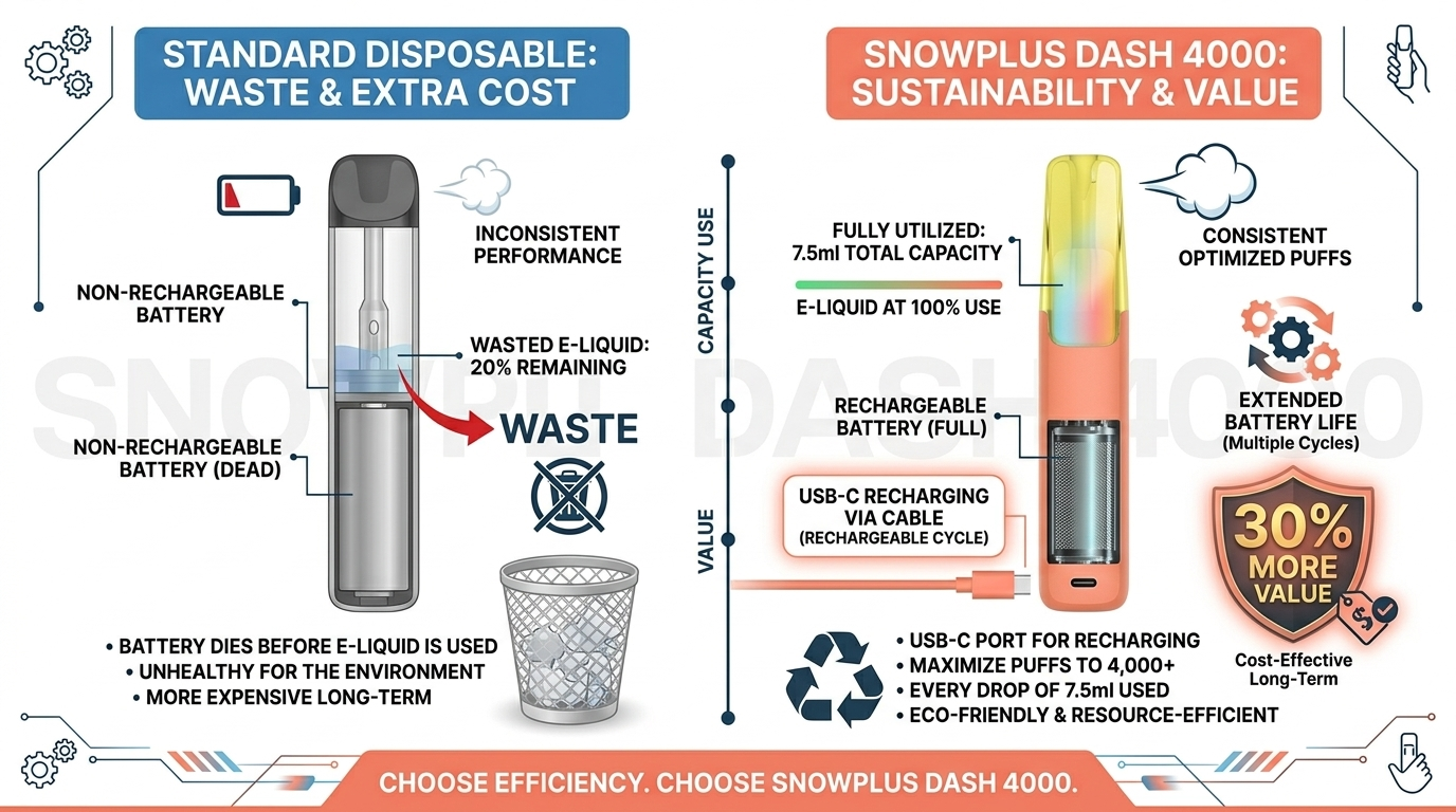 Rechargeable vs non-rechargeable comparison for Snowplus DASH 4000 review showing how USB-C charging prevents e-liquid waste