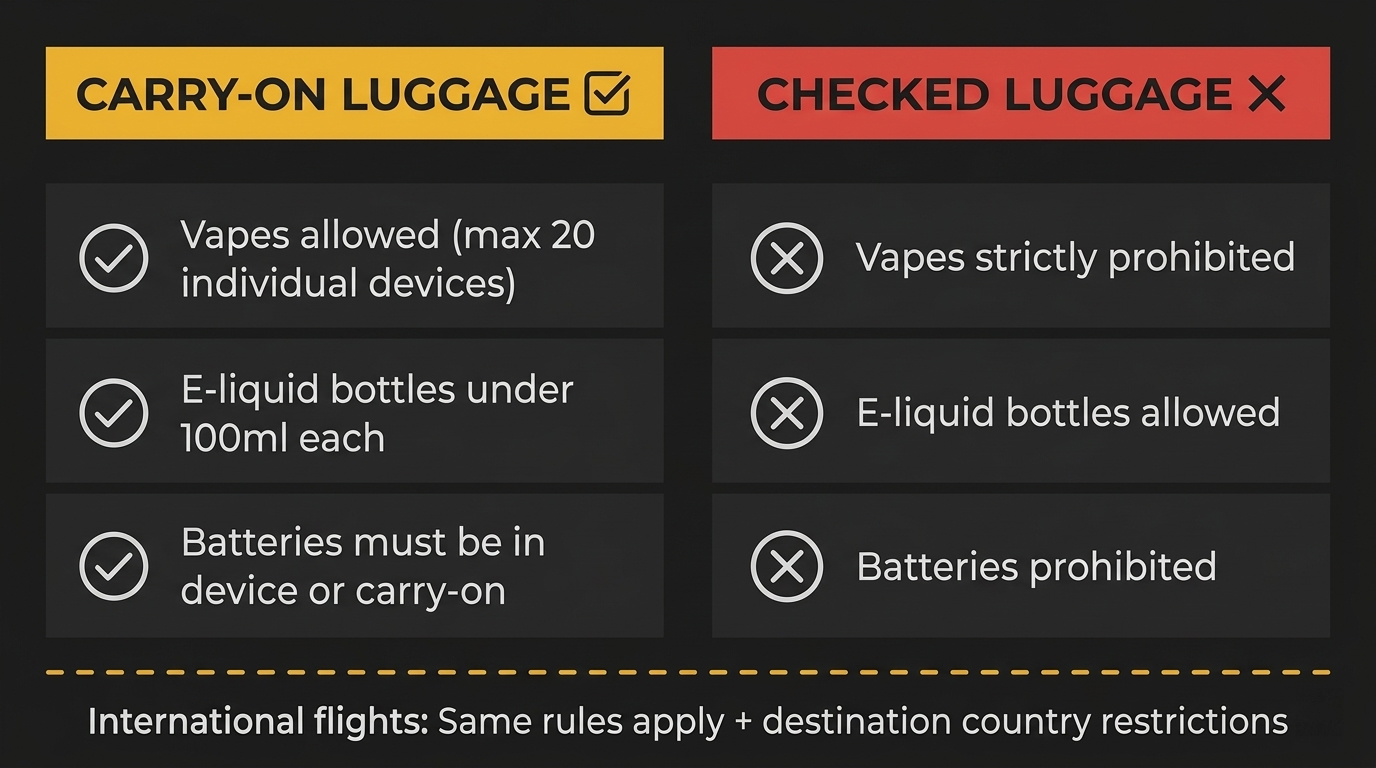 Vape luggage rules infographic for can I take vapes on a plane Australia 2026 showing carry-on vs checked baggage restrictions