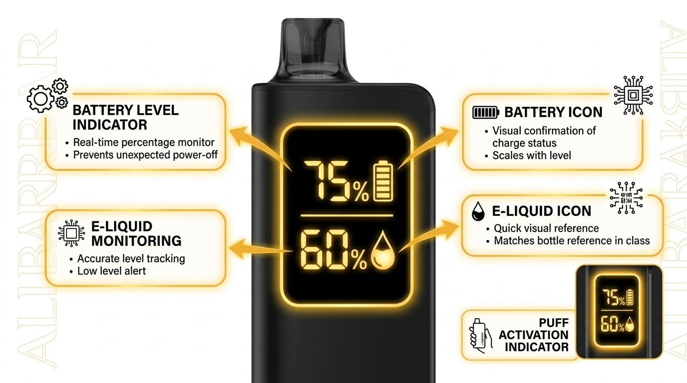 Real-time digital display infographic for Alibarbar Ingot 9000 review showing battery and e-liquid percentage indicators
