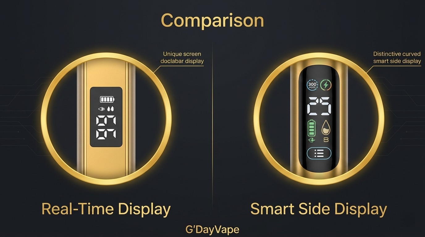 Close-up display comparison for Alibarbar Ingot 9000 real-time display vs RELX HERC 12000 smart side display