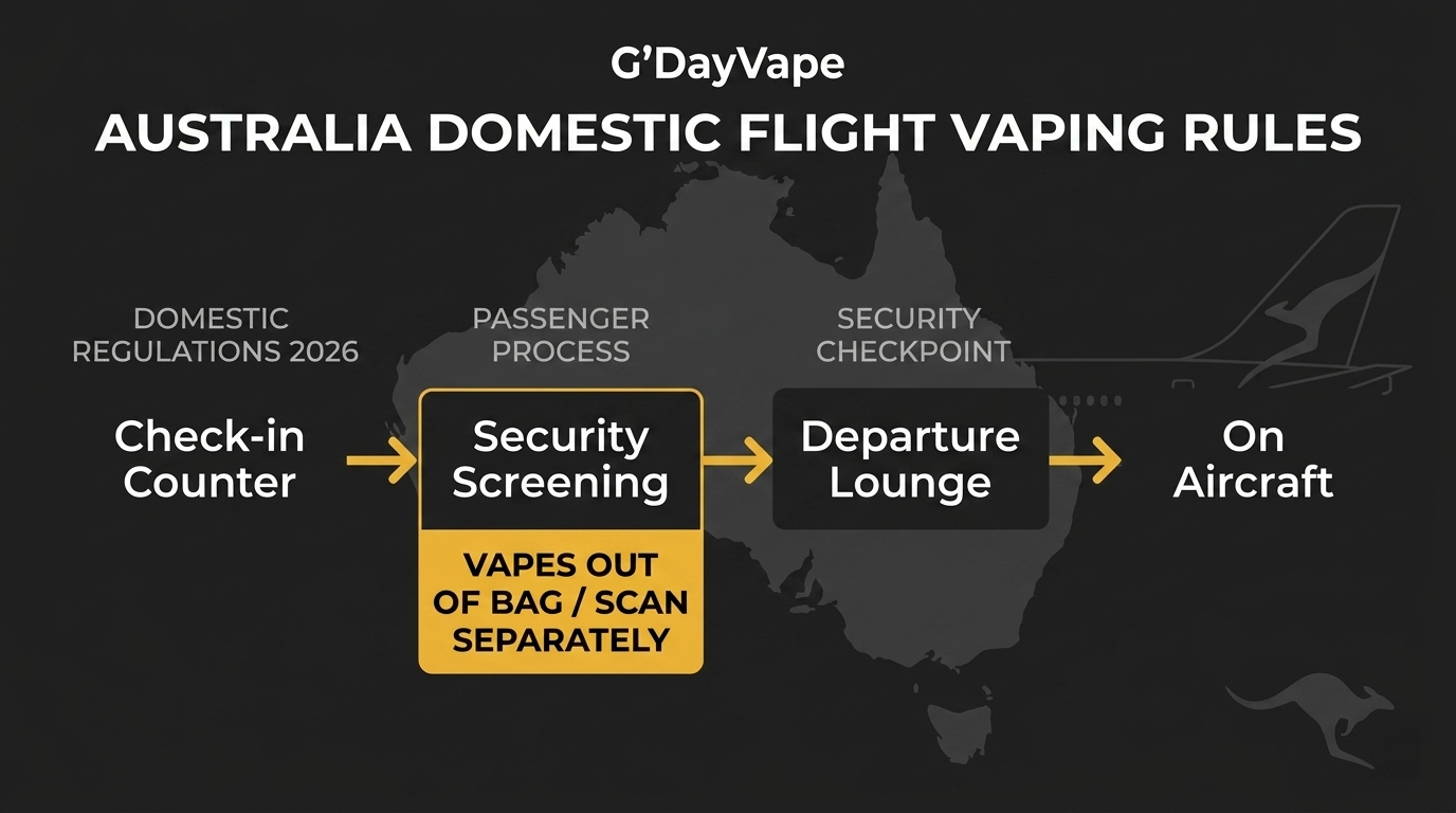 Australia domestic flight vape rules infographic for can I take vapes on a plane showing airport security process for vape devices