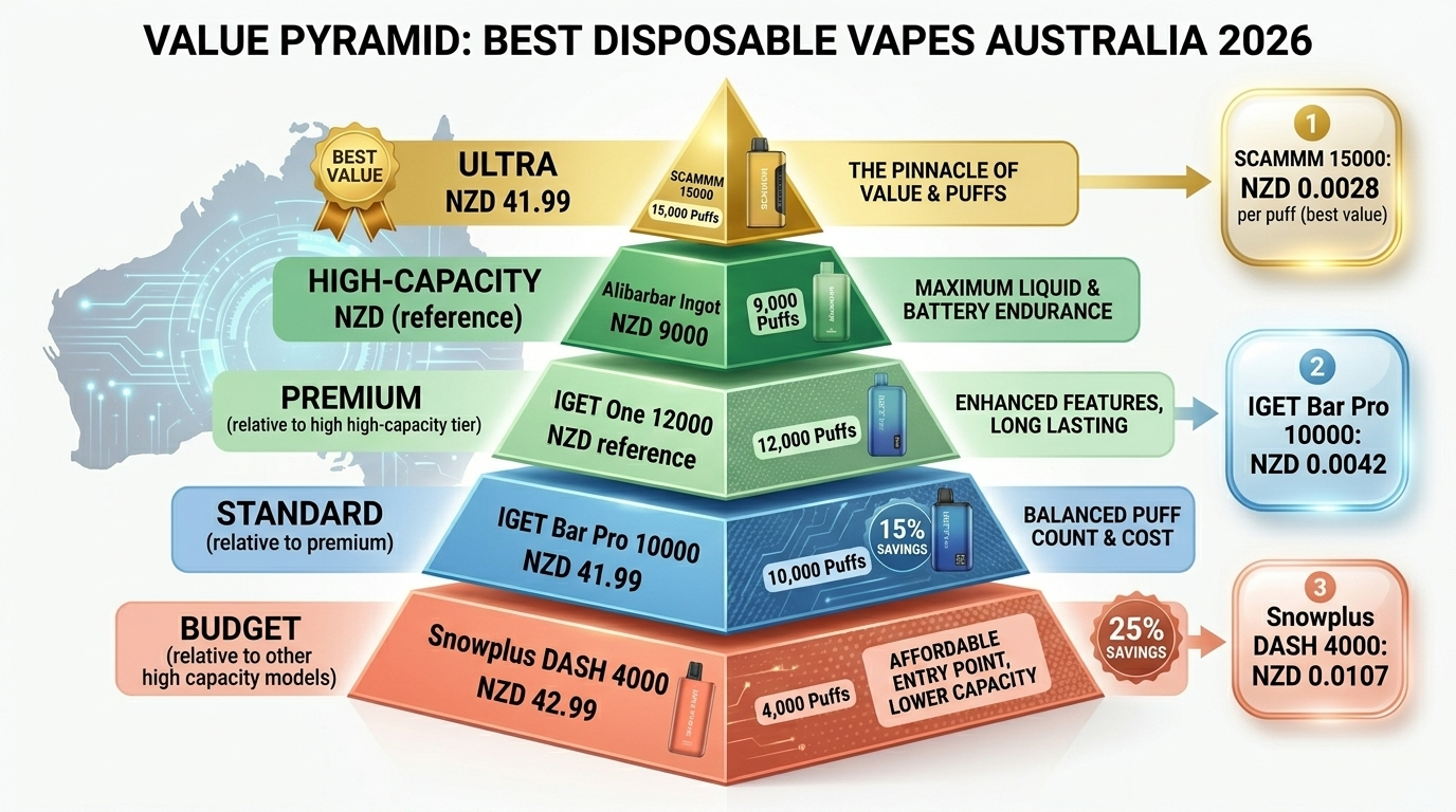 Value pyramid showing cost per puff for best disposable vapes Australia 2026 with SCAMMM 15000 as best value
