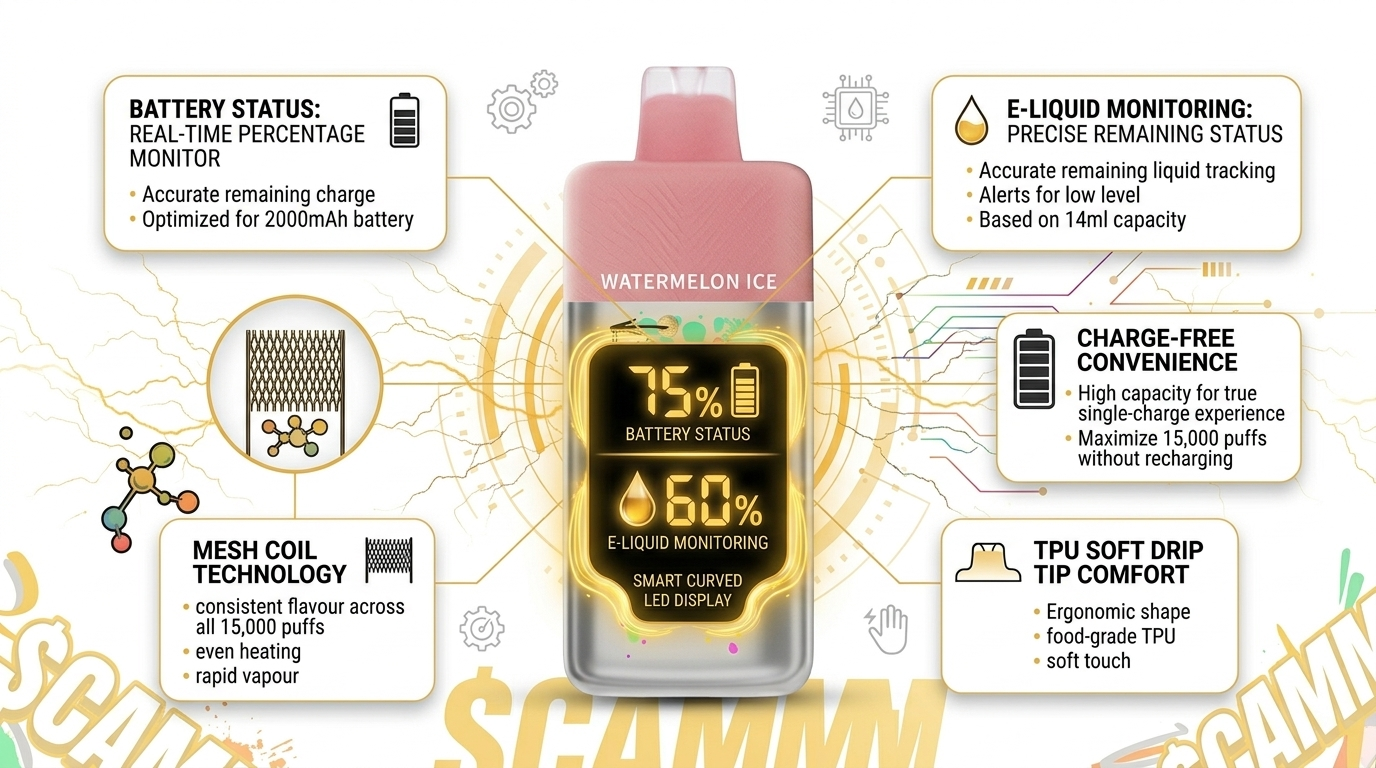 Smart display and features infographic for $CAMMM 15000 review showing battery status and TPU soft drip tip