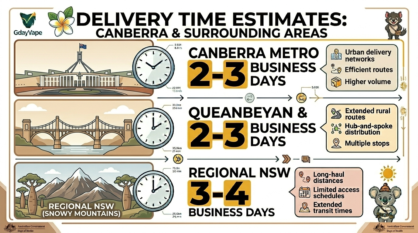 Delivery time comparison for Canberra vape delivery showing metro 2-3 days, Queanbeyan 2-3 days, and Snowy Mountains 3-4 days