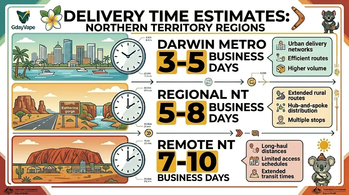 Delivery time comparison for Darwin vape delivery showing metro 3-5 days, regional NT 5-8 days, and remote areas 7-10 days
