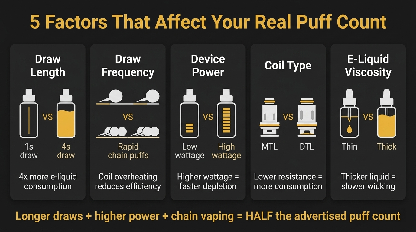 Five factors affecting real vape puff count including draw length draw frequency device power coil type and e-liquid viscosity