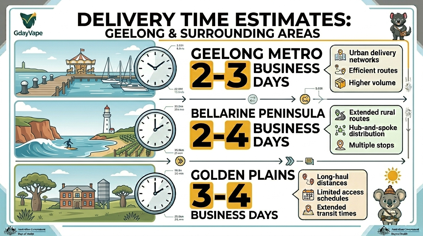 Delivery time comparison for Geelong vape delivery showing metro 2-3 days, Surf Coast 2-3 days, Bellarine 2-4 days, and Golden Plains 3-4 days