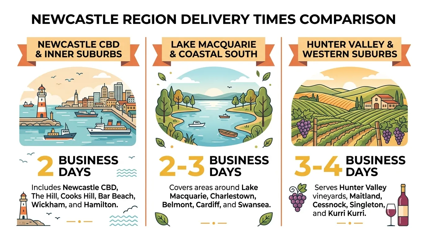 Delivery time comparison for Gold Coast vape delivery showing coastal core 2 days, beach suburbs 2-3 days, and hinterland 3-4 days