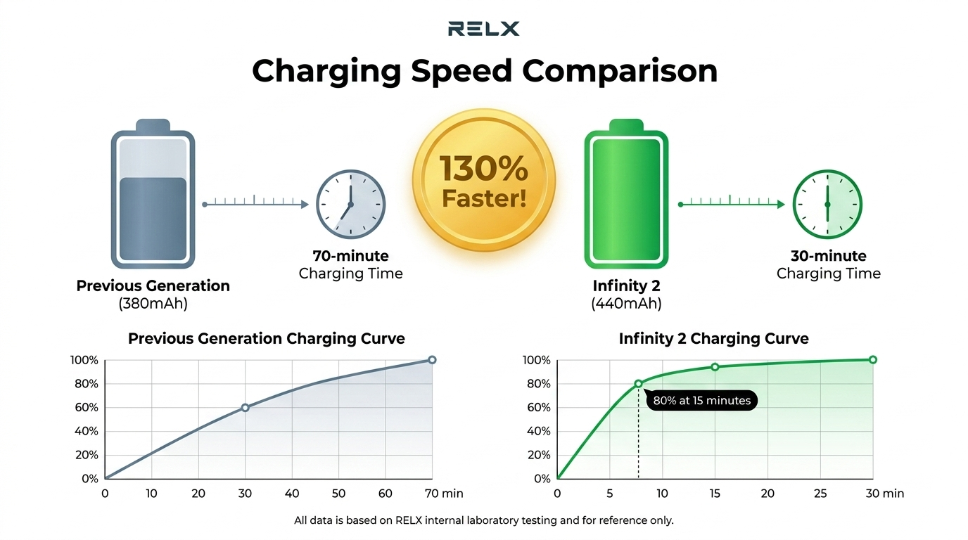 Fast charging comparison for RELX Infinity 2 review showing 30-minute charge time, 130% faster than previous generation