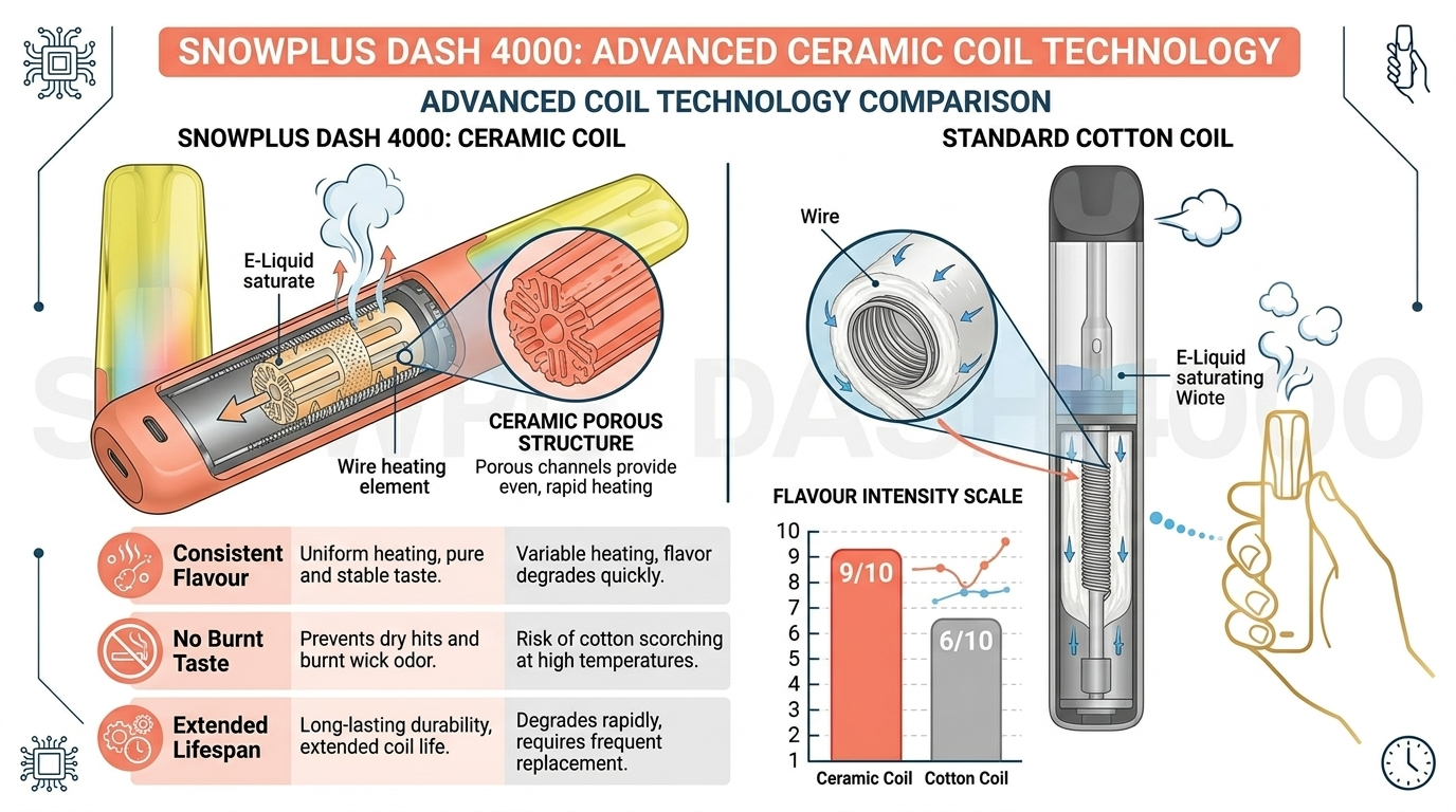 Ceramic coil technology infographic for Snowplus DASH 4000 review showing even heating and consistent flavour delivery