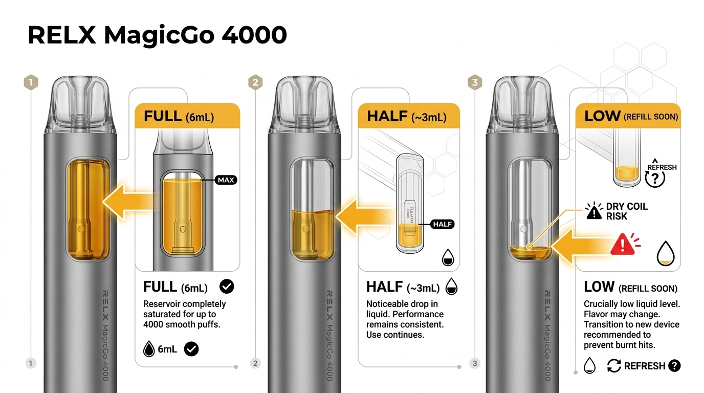 Visible e-liquid window guide for RELX MagicGo 4000 review showing three level stages from full to low for easy monitoring