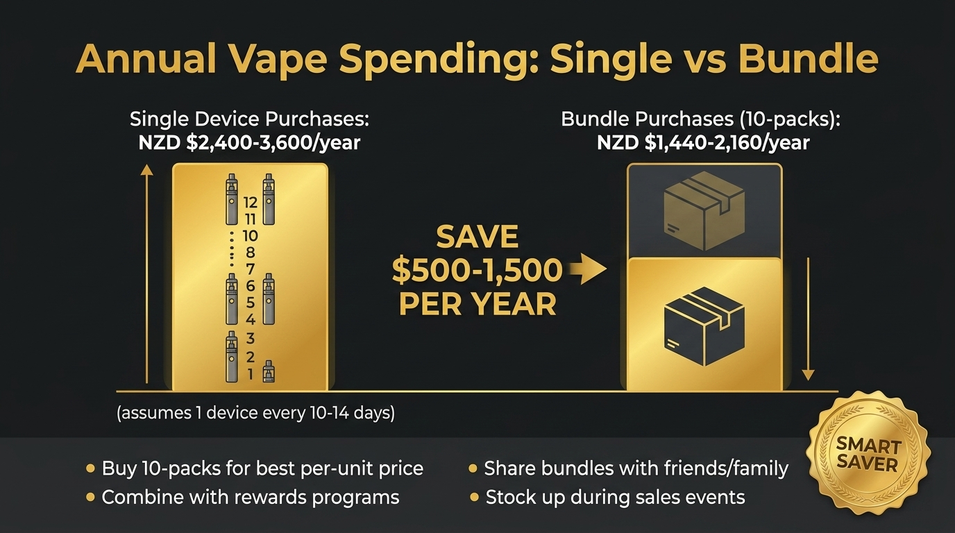 Annual vape spending comparison infographic showing savings of 500 to 1500 NZD per year when buying bundle 10-packs instead of single devices