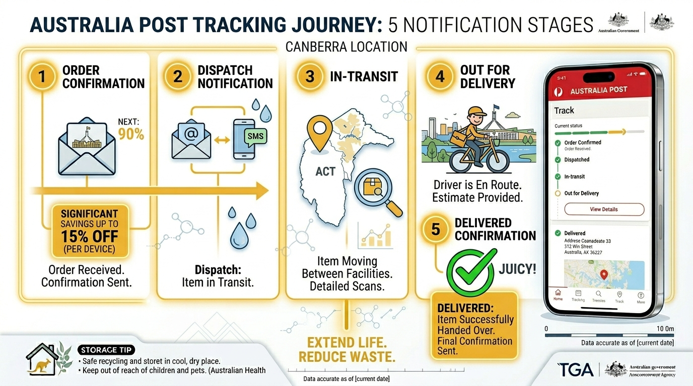 Real-time tracking stages for Canberra vape delivery from order confirmation to delivered notification via Australia Post