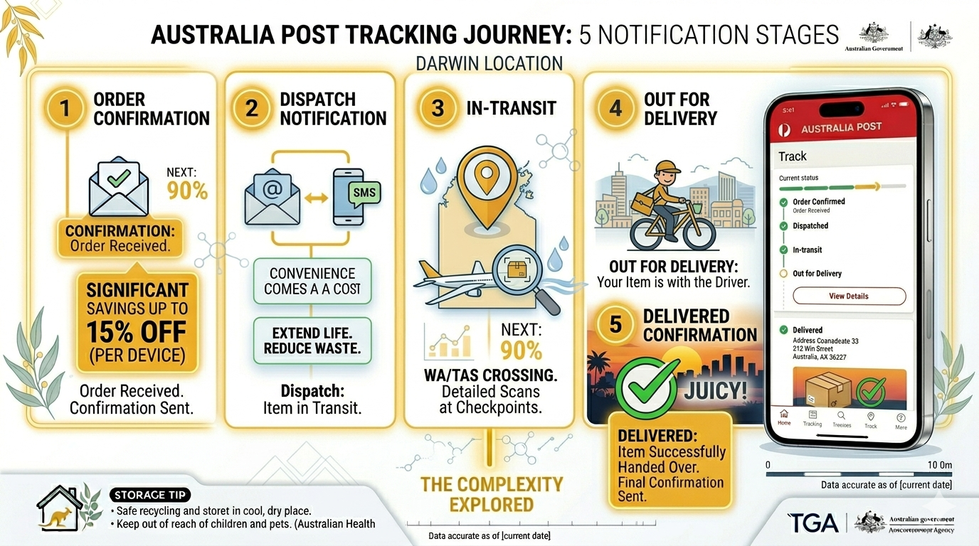 Real-time tracking stages for Darwin vape delivery from order confirmation to delivered notification via Australia Post air freight