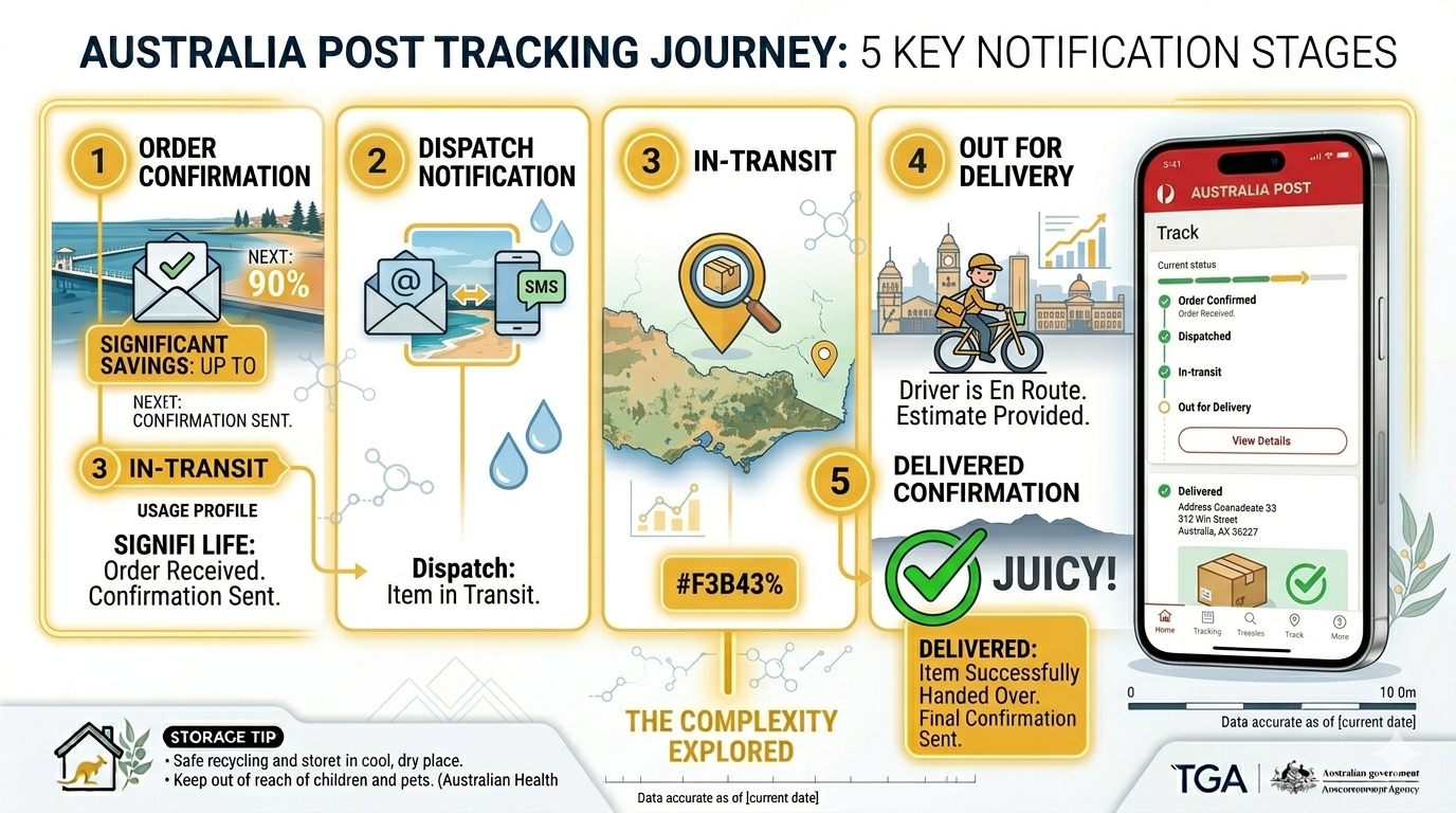 Real-time tracking stages for Geelong vape delivery from order confirmation to delivered notification via Australia Post