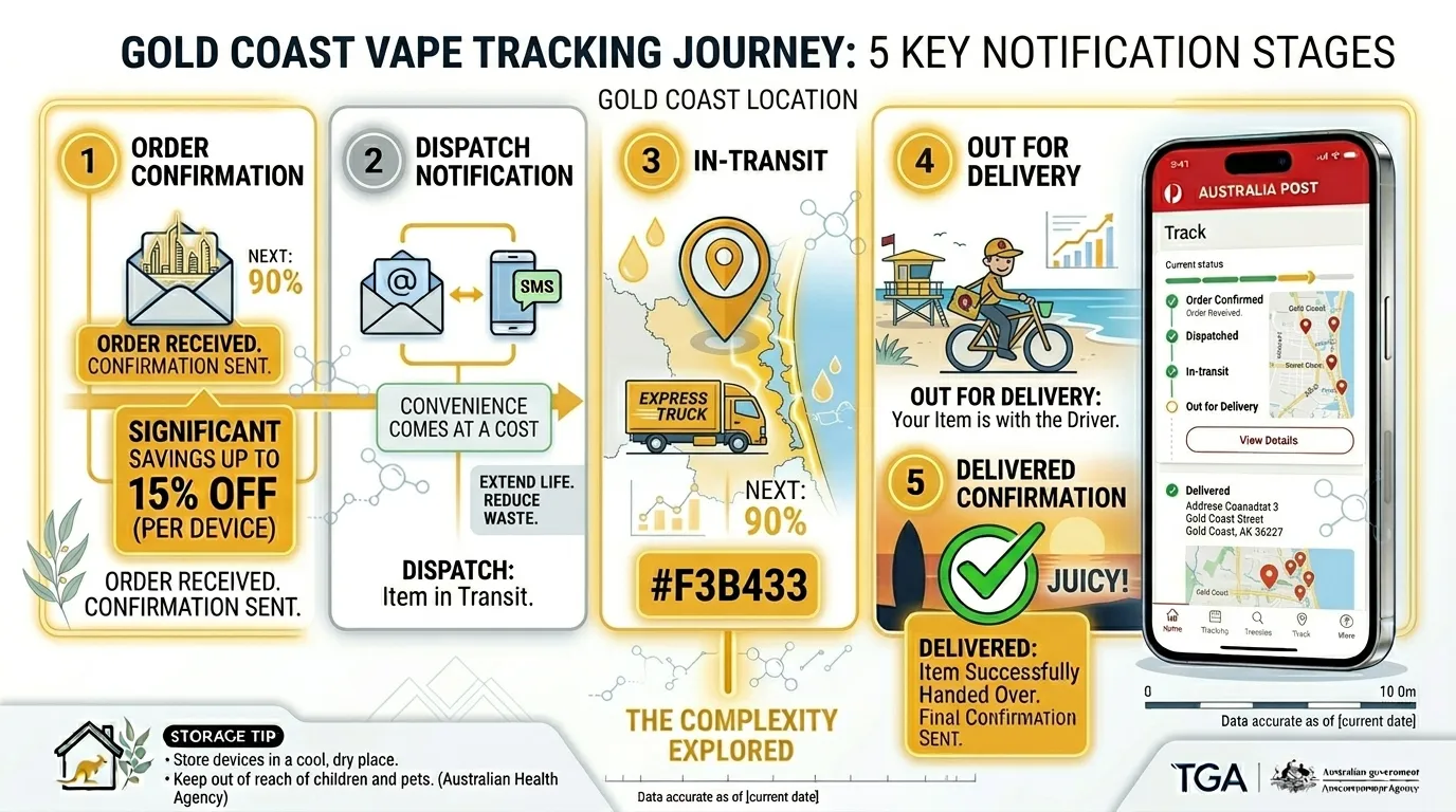 Real-time tracking stages for Gold Coast vape delivery from order confirmation to delivered notification via Australia Post
