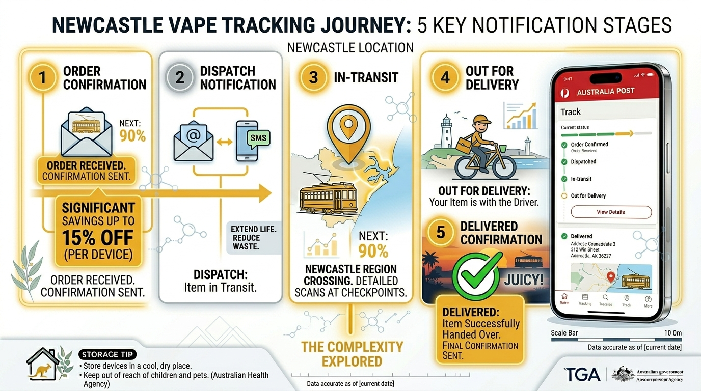 Real-time tracking stages for Newcastle vape delivery from order confirmation to delivered notification via Australia Post